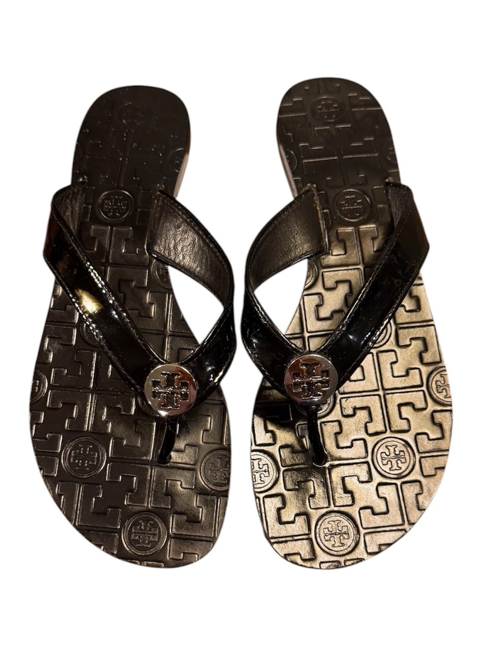 Tory Burch Thora Black Patent Leather Silver Logo Thong Sandals Size 8
